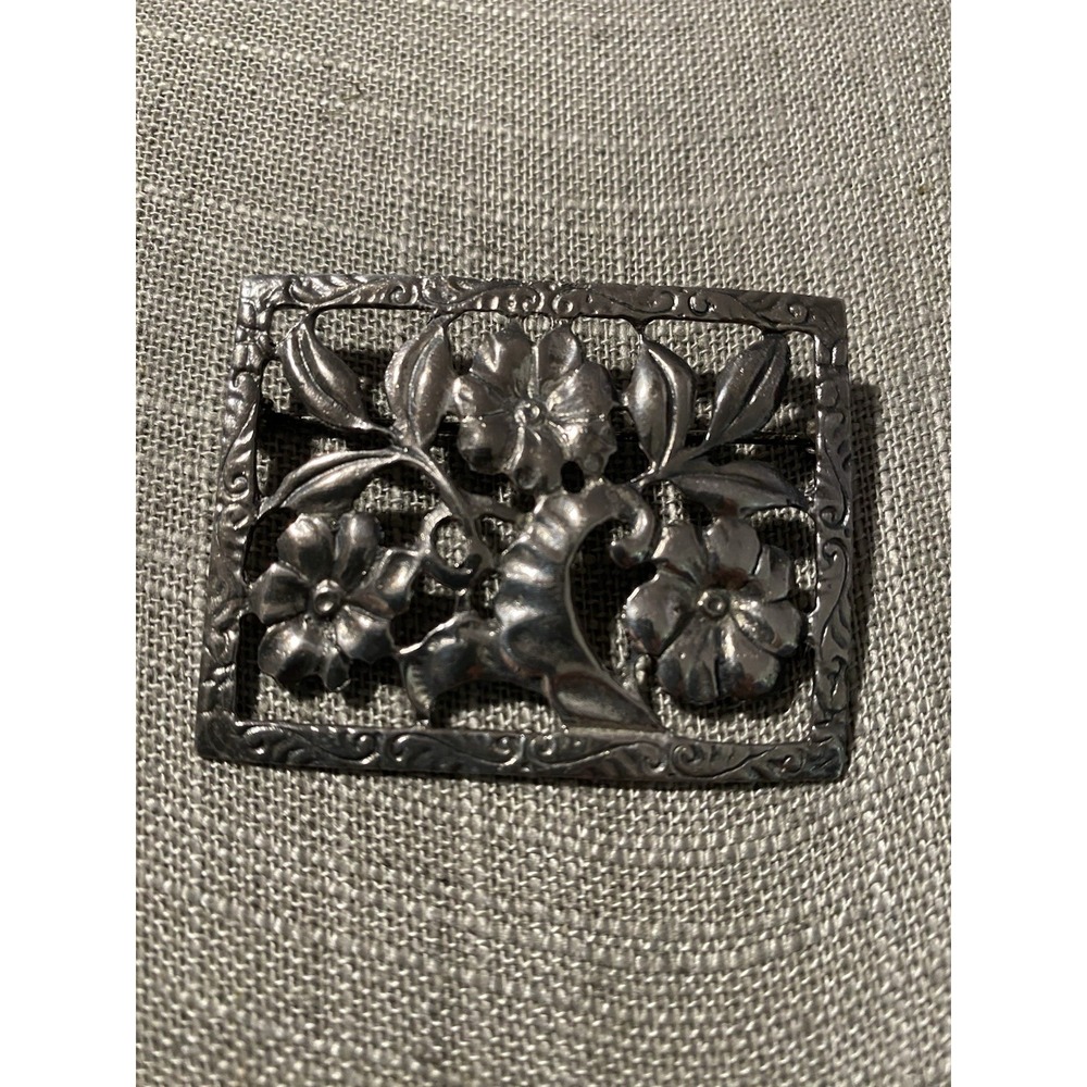 Vintage 925 Sterling Silver Framed Flowers Floral Square Brooch Weight 16.95 g